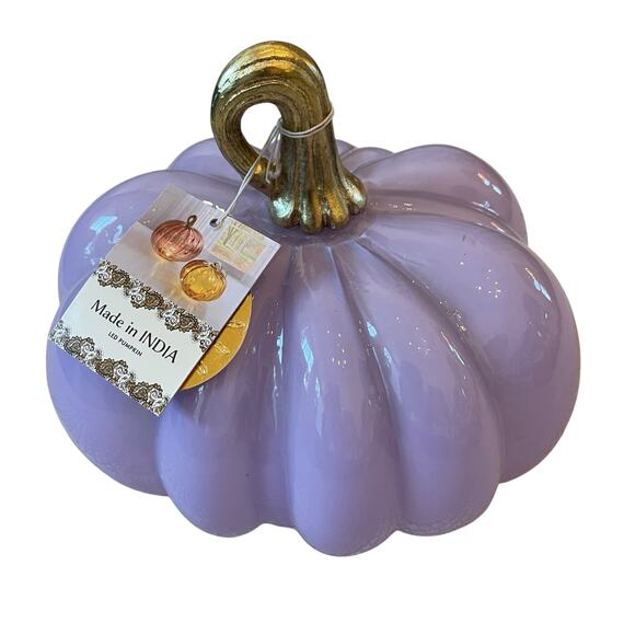 Lavender LED Glass Pumpkin w/ Gold Metal Stem Made in India Fall Decor NEW - Picture 7 of 12